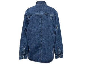 極美品 CHROME HEARTS クロムハーツ 長袖シャツ サイズXL クロスボール クロスパッチ デニム ブルー コットン シルバー925 中古 4c069053
