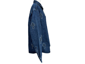 極美品 CHROME HEARTS クロムハーツ 長袖シャツ サイズXL クロスボール クロスパッチ デニム ブルー コットン シルバー925 中古 4c069053