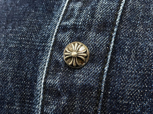 極美品 CHROME HEARTS クロムハーツ 長袖シャツ サイズXL クロスボール クロスパッチ デニム ブルー コットン シルバー925 中古 4c069053