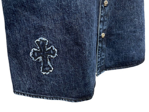 極美品 CHROME HEARTS クロムハーツ 長袖シャツ サイズXL クロスボール クロスパッチ デニム ブルー コットン シルバー925 中古 4c069053