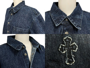 極美品 CHROME HEARTS クロムハーツ 長袖シャツ サイズXL クロスボール クロスパッチ デニム ブルー コットン シルバー925 中古 4c069053