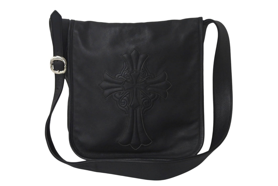 CHROME HEARTS クロムハーツ クロスパッチ レザーメールバッグ ショルダーバッグ レザーパッチ ブラック シルバ−925 美品 中古 4c069088