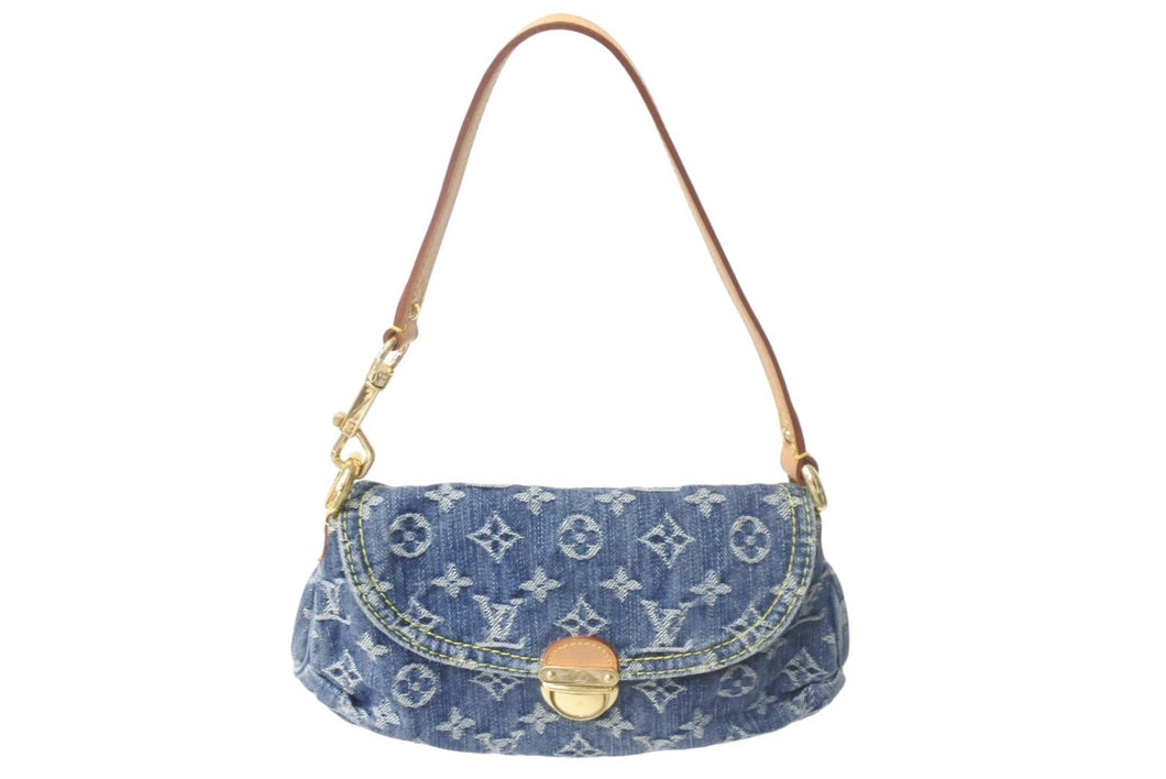極美品 LOUIS VUITTON ルイヴィトン ミニプリーティ ハンドバッグ M95050 モノグラムデニム レザー ブルー 中古 4c069164
