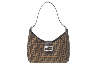 極美品 FENDI フェンディ マンマバケット ショルダーバッグ ワンショルダーバッグ ズッカ柄 コットンキャンバス レザー ブラウン 中古 4c069217 