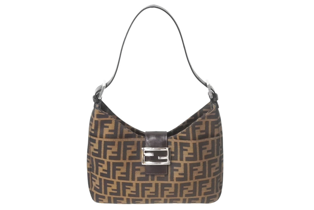 極美品 FENDI フェンディ マンマバケット ショルダーバッグ ワンショルダーバッグ ズッカ柄 コットンキャンバス レザー ブラウン 中古 4c069217 