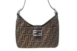 極美品 FENDI フェンディ マンマバケット ショルダーバッグ ワンショルダーバッグ ズッカ柄 コットンキャンバス レザー ブラウン 中古 4c069217 