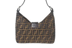極美品 FENDI フェンディ マンマバケット ショルダーバッグ ワンショルダーバッグ ズッカ柄 コットンキャンバス レザー ブラウン 中古 4c069217 