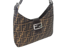 極美品 FENDI フェンディ マンマバケット ショルダーバッグ ワンショルダーバッグ ズッカ柄 コットンキャンバス レザー ブラウン 中古 4c069217 