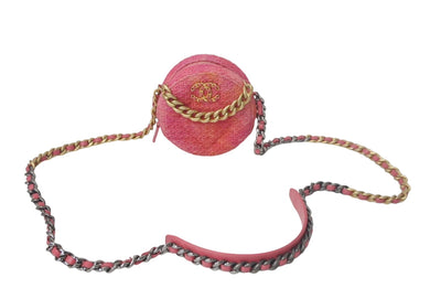 極美品 CHANEL シャネル シャネル19 ラウンド チェーンショルダーバッグ 30番台 ツイード ピンク オレンジ ココマーク 中古 4c069269