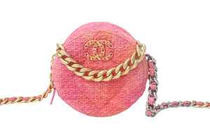 極美品 CHANEL シャネル シャネル19 ラウンド チェーンショルダーバッグ 30番台 ツイード ピンク オレンジ ココマーク 中古 4c069269