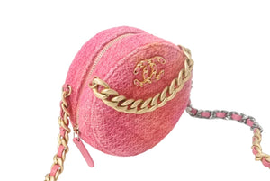 極美品 CHANEL シャネル シャネル19 ラウンド チェーンショルダーバッグ 30番台 ツイード ピンク オレンジ ココマーク 中古 4c069269