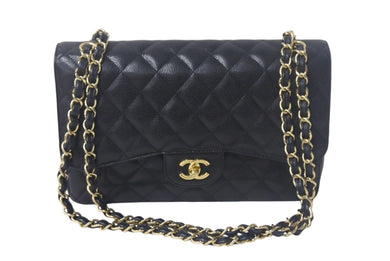 CHANEL シャネル デカマトラッセ 30cm Wフラップ Wチェーンショルダーバッグ 14番台 キャビアスキン ブラック ゴールド金具 美品 中古 4c069286