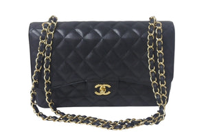 CHANEL シャネル デカマトラッセ 30cm Wフラップ Wチェーンショルダーバッグ 14番台 キャビアスキン ブラック ゴールド金具 美品 中古 4c069286