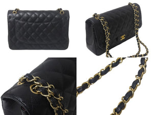 CHANEL シャネル デカマトラッセ 30cm Wフラップ Wチェーンショルダーバッグ 14番台 キャビアスキン ブラック ゴールド金具 美品 中古 4c069286