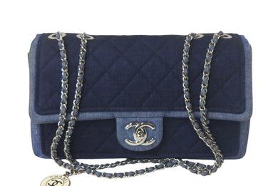 CHANEL シャネル マトラッセ26 Wチェーンショルダーバッグ メダリオン 20番台 ココマーク デニム ブルー シルバー金具 美品 中古 4c069290