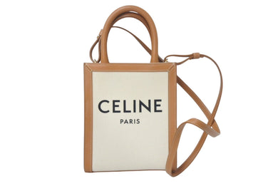 極美品 CELINE セリーヌ ミニバーティカルカバ 2WAYショルダーバッグ 193302BNZ.02NT コットンキャンバス レザー ベージュ 中古 4c069303