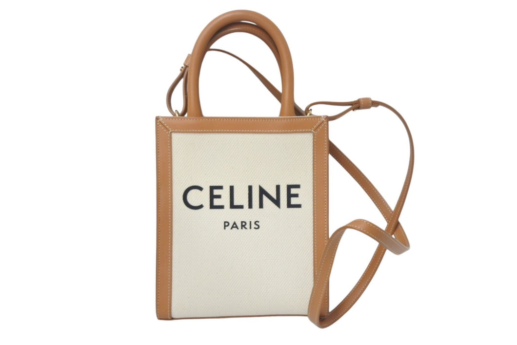 極美品 CELINE セリーヌ ミニバーティカルカバ 2WAYショルダーバッグ 193302BNZ.02NT コットンキャンバス レザー ベージュ 中古 4c069303