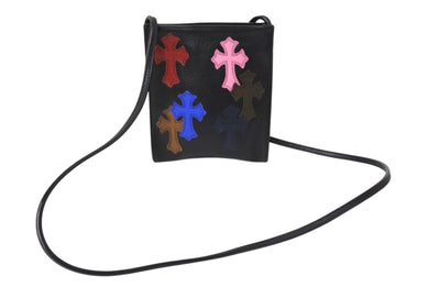 新品同様品 CHROME HEARTS クロムハーツ レザー スクエアポシェット ショルダーバッグ クロスパッチ マルチカラー ブラック 中古 4c069478