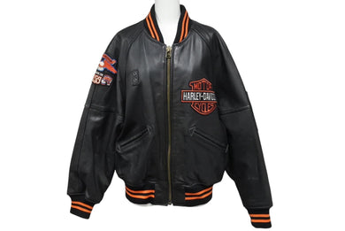 HARLEY DAVIDSON ハーレーダビットソン 総刺繍 オールレザー ジャケット レザー ナイロン ブラック オレンジ サイズM 美品 中古 4c069480
