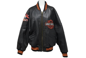 HARLEY DAVIDSON ハーレーダビットソン 総刺繍 オールレザー ジャケット レザー ナイロン ブラック オレンジ サイズM 美品 中古 4c069480