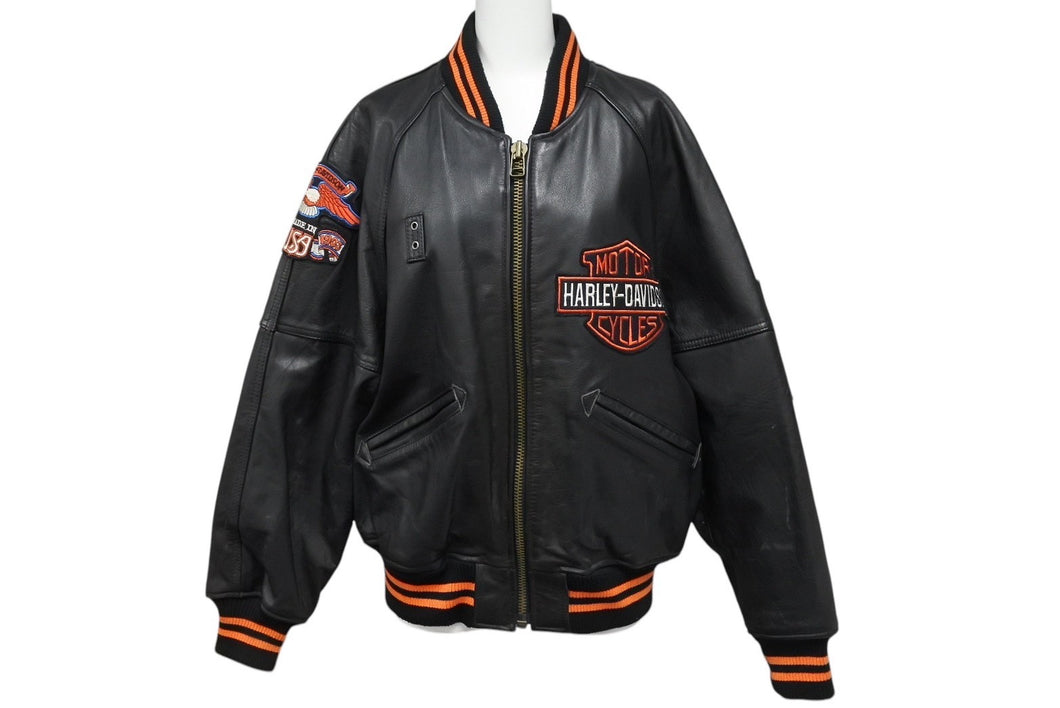 HARLEY DAVIDSON ハーレーダビットソン 総刺繍 オールレザー ジャケット レザー ナイロン ブラック オレンジ サイズM 美品 中古 4c069480