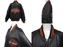 Load image into Gallery viewer, HARLEY DAVIDSON ハーレーダビットソン 総刺繍 オールレザー ジャケット レザー ナイロン ブラック オレンジ サイズM 美品 中古 4c069480