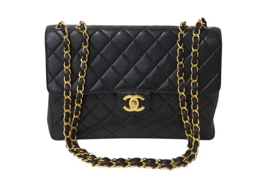 CHANEL シャネル 中マトラッセ シングルフラップ チェーンショルダーバッグ 3番台 ブラック ラムスキン ゴールド金具 美品 中古 4c069608