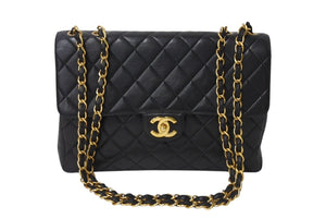 CHANEL シャネル 中マトラッセ シングルフラップ チェーンショルダーバッグ 3番台 ブラック ラムスキン ゴールド金具 美品 中古 4c069608