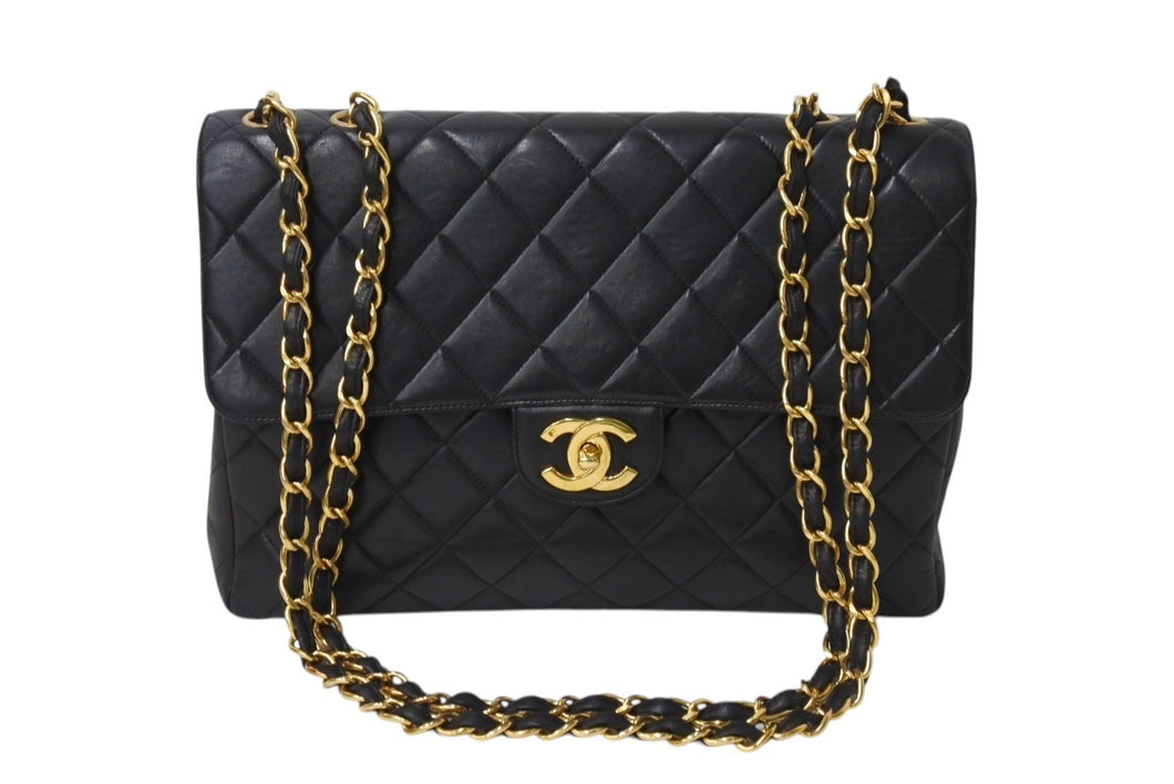 CHANEL シャネル 中マトラッセ シングルフラップ チェーンショルダーバッグ 3番台 ブラック ラムスキン ゴールド金具 美品 中古 4c069608