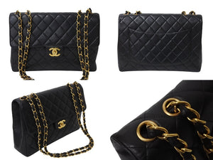 CHANEL シャネル 中マトラッセ シングルフラップ チェーンショルダーバッグ 3番台 ブラック ラムスキン ゴールド金具 美品 中古 4c069608