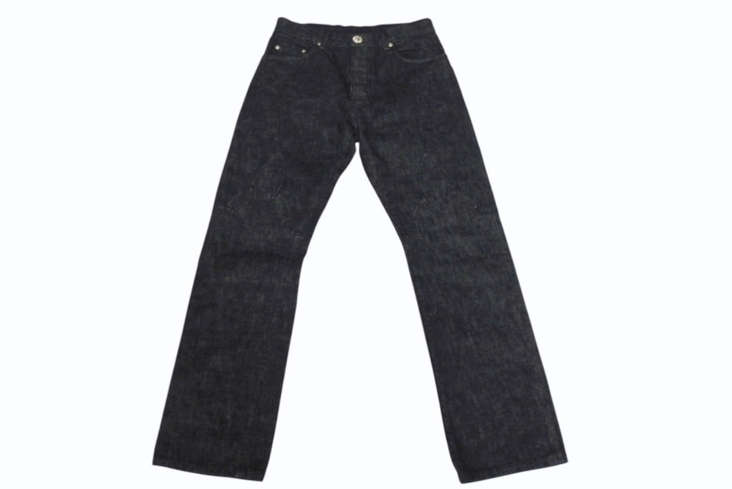 未使用品 CHROME HEARTS クロムハーツ フレアニー スターパッチ デニムパンツ サイズ32 ブラック コットン シルバー925 レザー 中古 4c069726