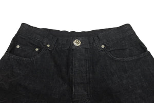 未使用品 CHROME HEARTS クロムハーツ フレアニー スターパッチ デニムパンツ サイズ32 ブラック コットン シルバー925 レザー 中古 4c069726
