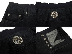 未使用品 CHROME HEARTS クロムハーツ フレアニー スターパッチ デニムパンツ サイズ32 ブラック コットン シルバー925 レザー 中古 4c069726