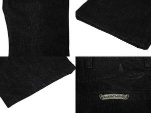 未使用品 CHROME HEARTS クロムハーツ フレアニー スターパッチ デニムパンツ サイズ32 ブラック コットン シルバー925 レザー 中古 4c069726