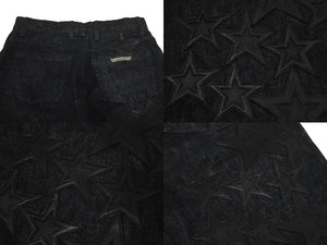 未使用品 CHROME HEARTS クロムハーツ フレアニー スターパッチ デニムパンツ サイズ32 ブラック コットン シルバー925 レザー 中古 4c069726