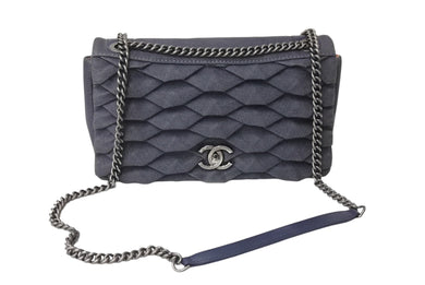 極美品 CHANEL シャネル Wチェーンショルダーバッグ 22番台 デニムプリーツ ココマーク タートル インディゴ レザー 中古 4c069769