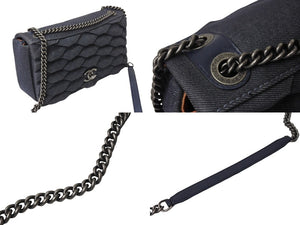 極美品 CHANEL シャネル Wチェーンショルダーバッグ 22番台 デニムプリーツ ココマーク タートル インディゴ レザー 中古 4c069769