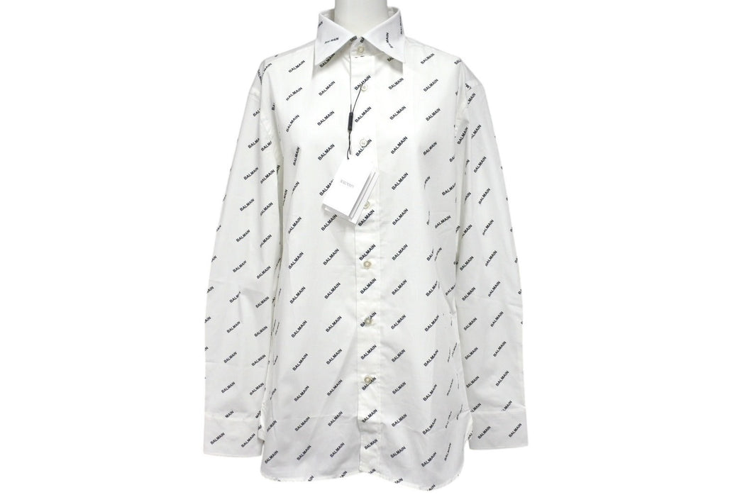 新品未使用 BALMAIN バルマン 長袖シャツ 95-104 BA 9912-I01 総柄ロゴ プリント サイズS ホワイト コットン 中古 4c069792