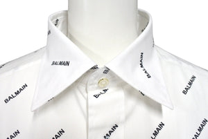 新品未使用 BALMAIN バルマン 長袖シャツ 95-104 BA 9912-I01 総柄ロゴ プリント サイズS ホワイト コットン 中古 4c069792