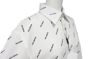 新品未使用 BALMAIN バルマン 長袖シャツ 95-104 BA 9912-I01 総柄ロゴ プリント サイズS ホワイト コットン 中古 4c069792