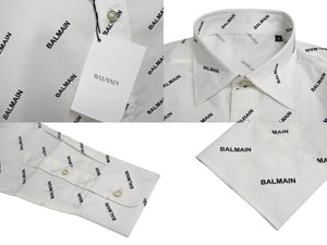 新品未使用 BALMAIN バルマン 長袖シャツ 95-104 BA 9912-I01 総柄ロゴ プリント サイズS ホワイト コットン 中古 4c069792