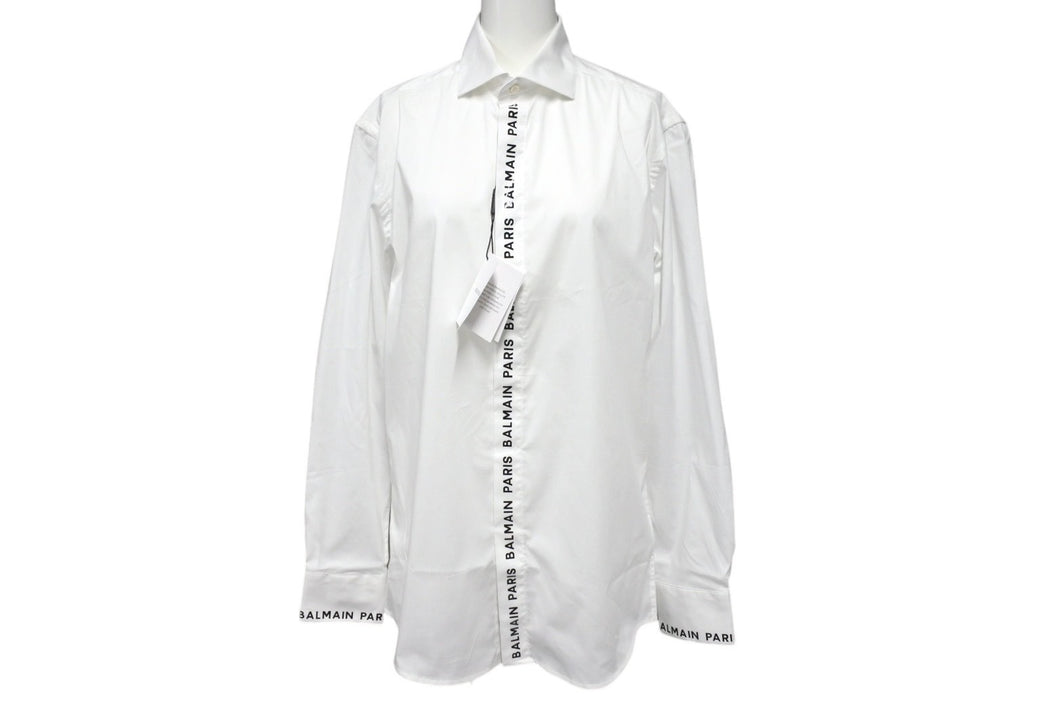 新品未使用 BALMAIN バルマン Lettering Logo Over the Placket レタリングロゴ 長袖シャツ 95 BA 9953-I01 サイズS ホワイト 中古 4c069793
