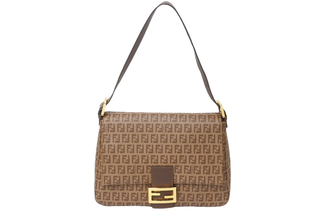 FENDI フェンディ ズッキーノ マンマバケット ハンドバッグ ワンショルダー ブラウンベージュ 8BR001-FB5 ロゴ 美品 中古 4c069815 