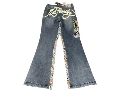 新品未使用 ED HARDY エドハーディ リメイク フレアデニム スタッズ 刺繍 WEHD8400-2 コットン ブルー サイズ28 中古 4c069856
