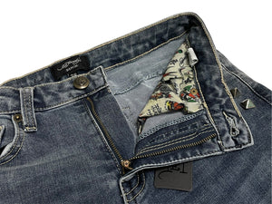 新品未使用 ED HARDY エドハーディ リメイク フレアデニム スタッズ 刺繍 WEHD8400-2 コットン ブルー サイズ28 中古 4c069856
