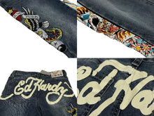 Load image into Gallery viewer, 新品未使用 ED HARDY エドハーディ リメイク フレアデニム スタッズ 刺繍 WEHD8400-2 コットン ブルー サイズ28 中古 4c069856