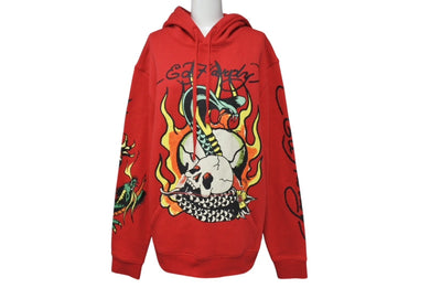 新品未使用 ED HARDY エドハーディ プルオーバーパーカー コットン ポリエステル レッド マルチカラー サイズM 中古 4c069860