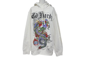ED HARDY エドハーディ プルオーバー パーカー ロゴ ドラゴンプリント Y2K サイズM ホワイト 美品 中古 4c069861