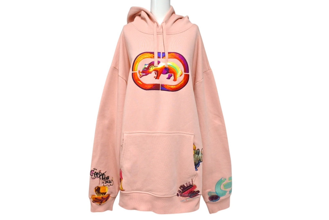 極美品 ECKO Dear1993.art PRAYER WARRIOR Rhino Hoodie ピンク コットン マルチカラー刺繍 サイズXL 中古 4c069868