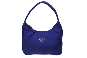 極美品 PRADA プラダ ホーボー ハンドバッグ MV519 トライアングルロゴ ナイロン ブルー シルバー金具 イタリア製 中古 4c069924 